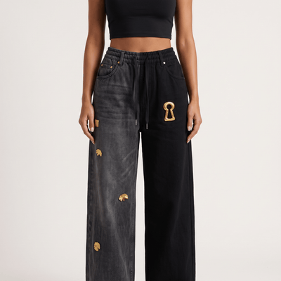 Schiaparelli Keyhole Embellished Two-Tone Wide-Leg Jeans 🔑✨ - MASTERPIECE