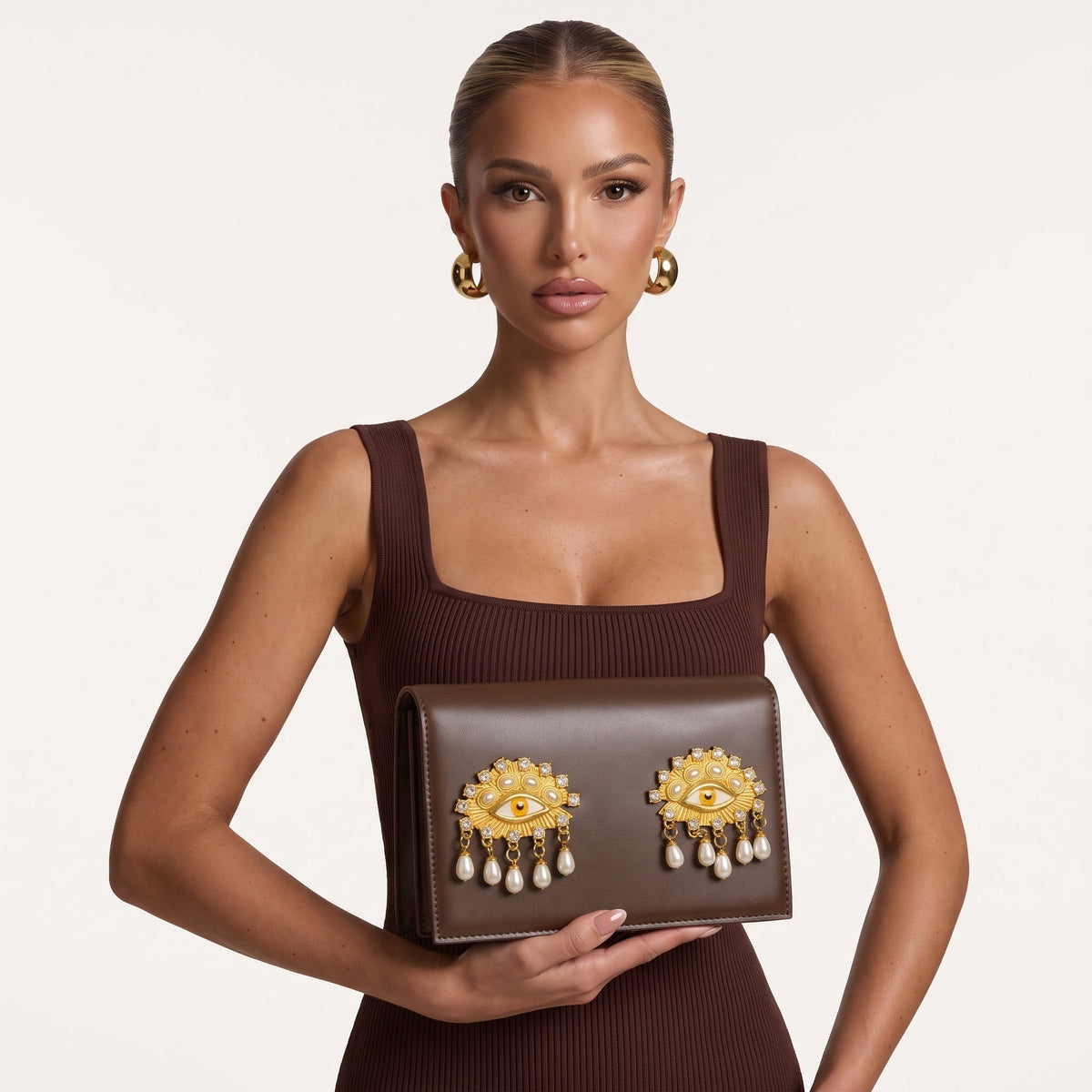 Schiaparelli Leather Clutch – Brown Eye Embellished ✨👜 - MASTERPIECE