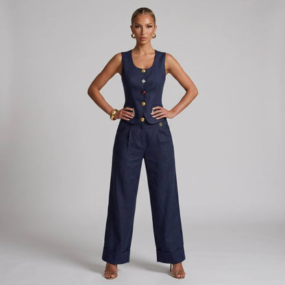 💙✨ Schiaparelli Navy Tailored Vest & Wide-Leg Pants Full Set - MASTERPIECE