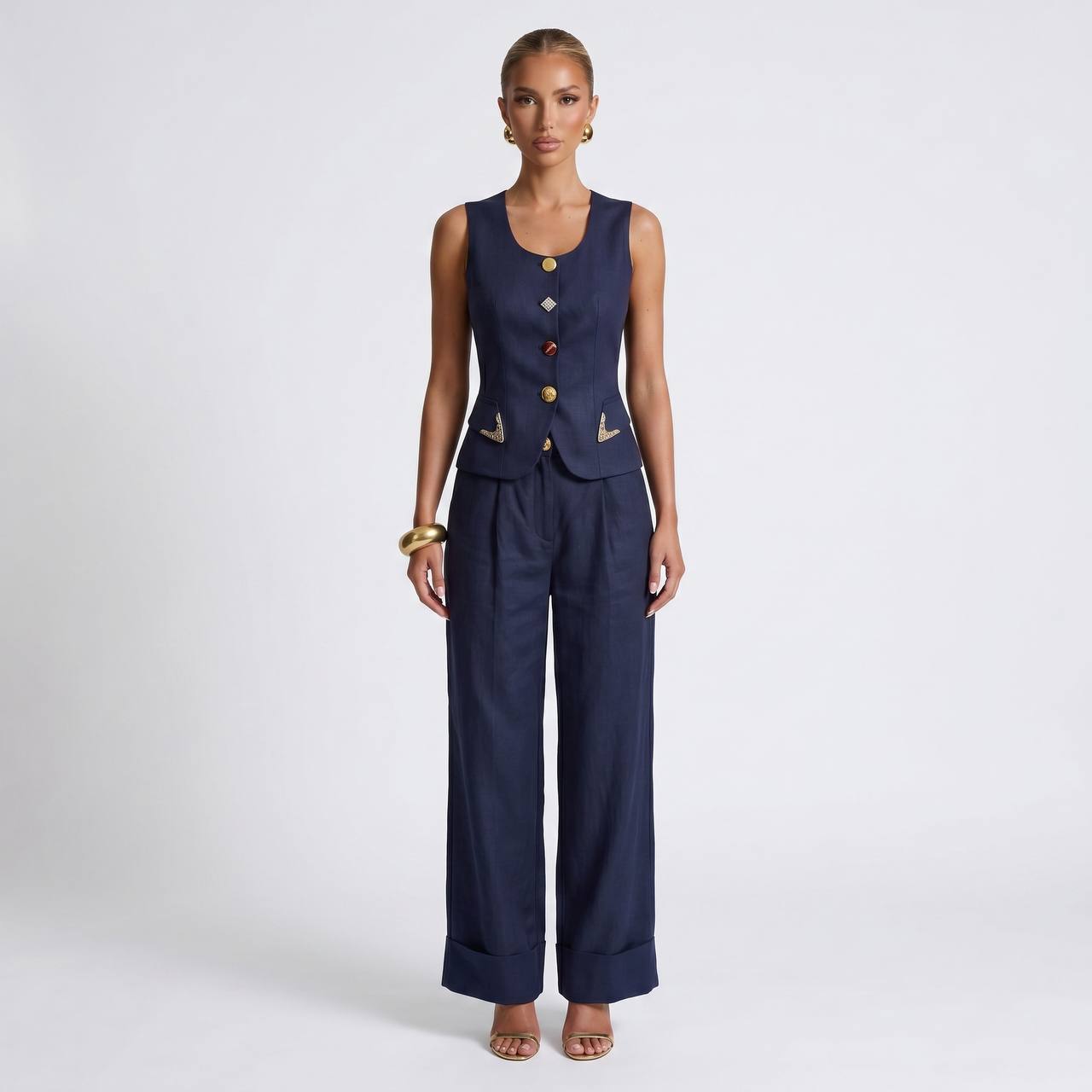 💙✨ Schiaparelli Navy Tailored Vest & Wide-Leg Pants Full Set - MASTERPIECE