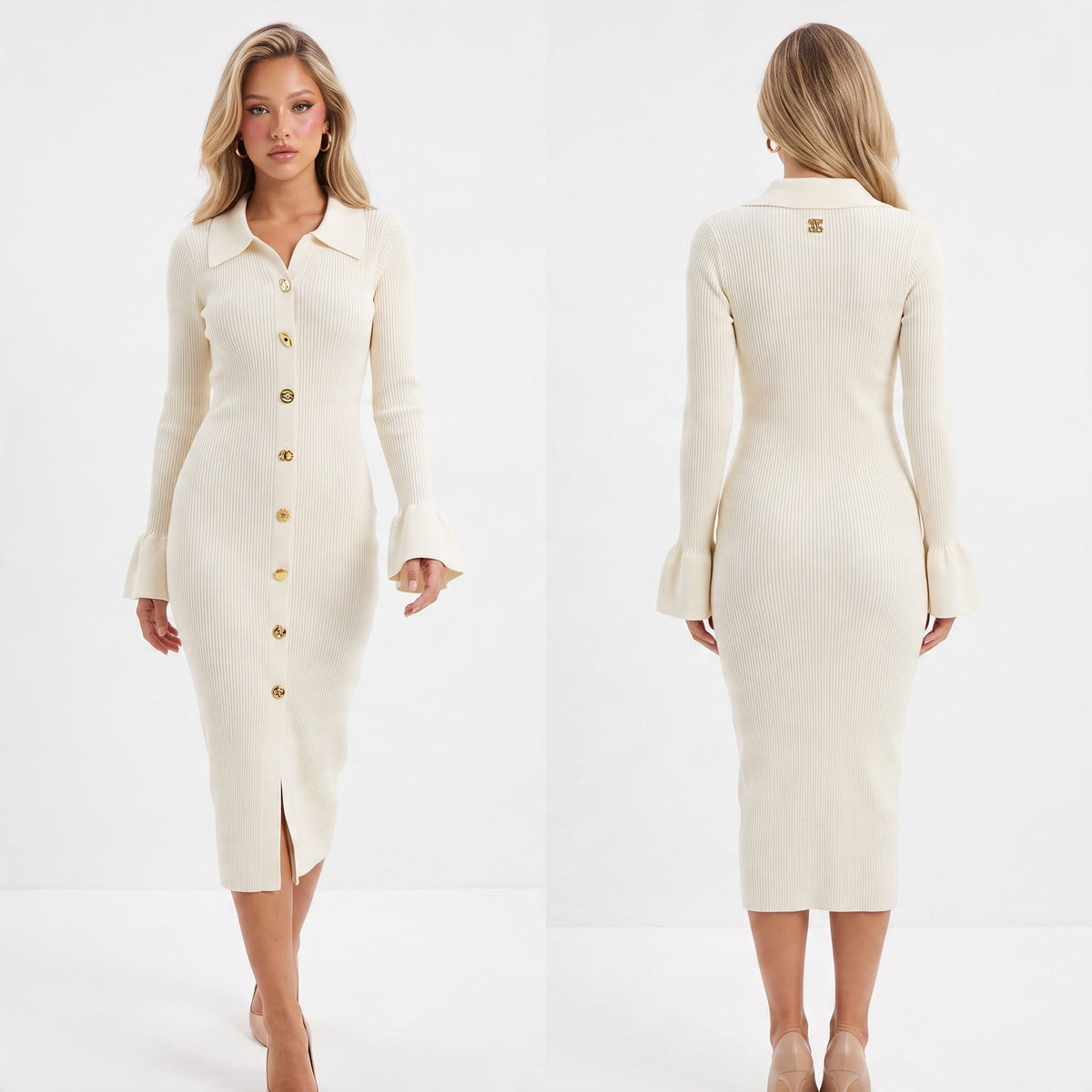 SCHIAPARELLI Ribbed Button Midi Dress – Ivory - MASTERPIECE