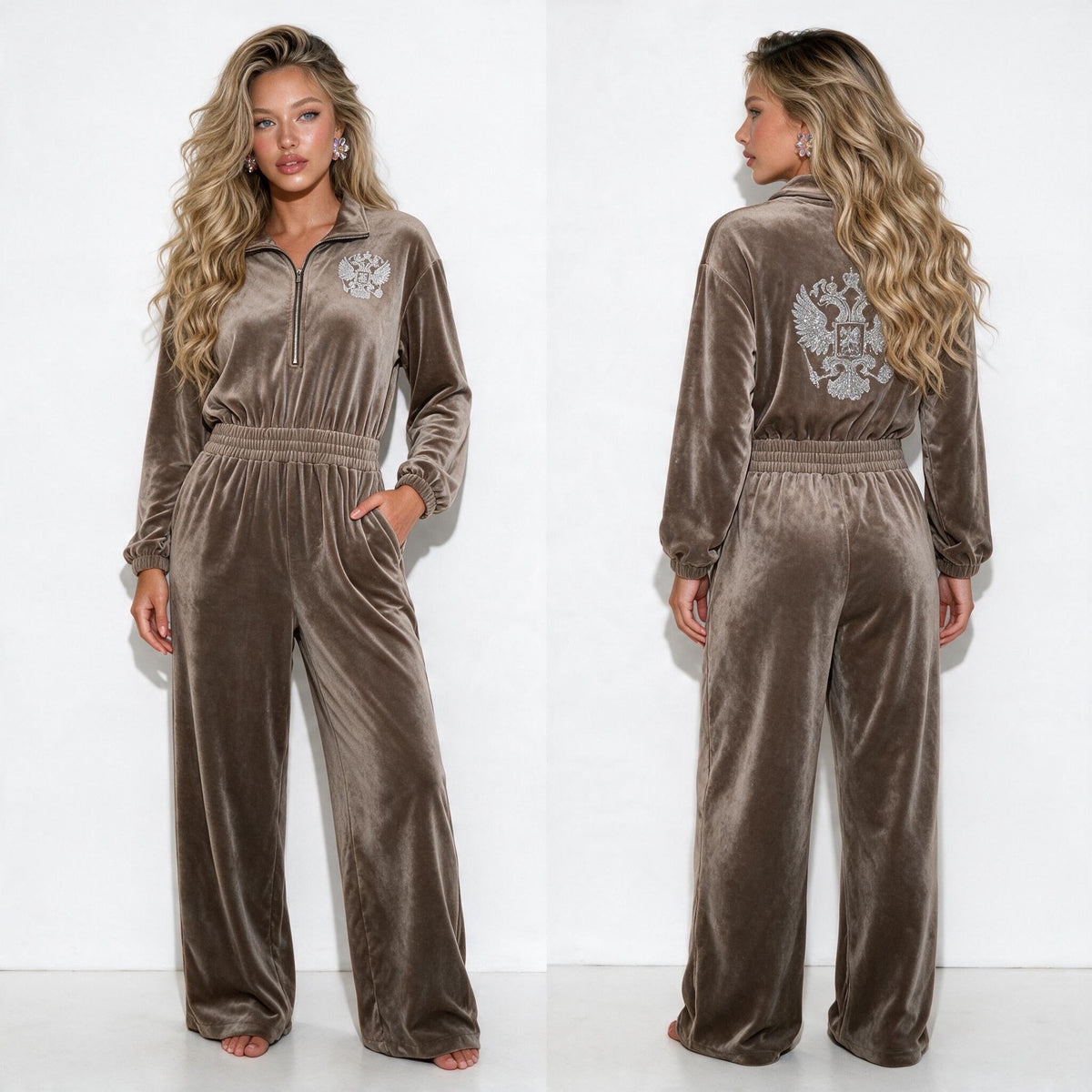 Schiaparelli Velvet Jumpsuit – Taupe - MASTERPIECE