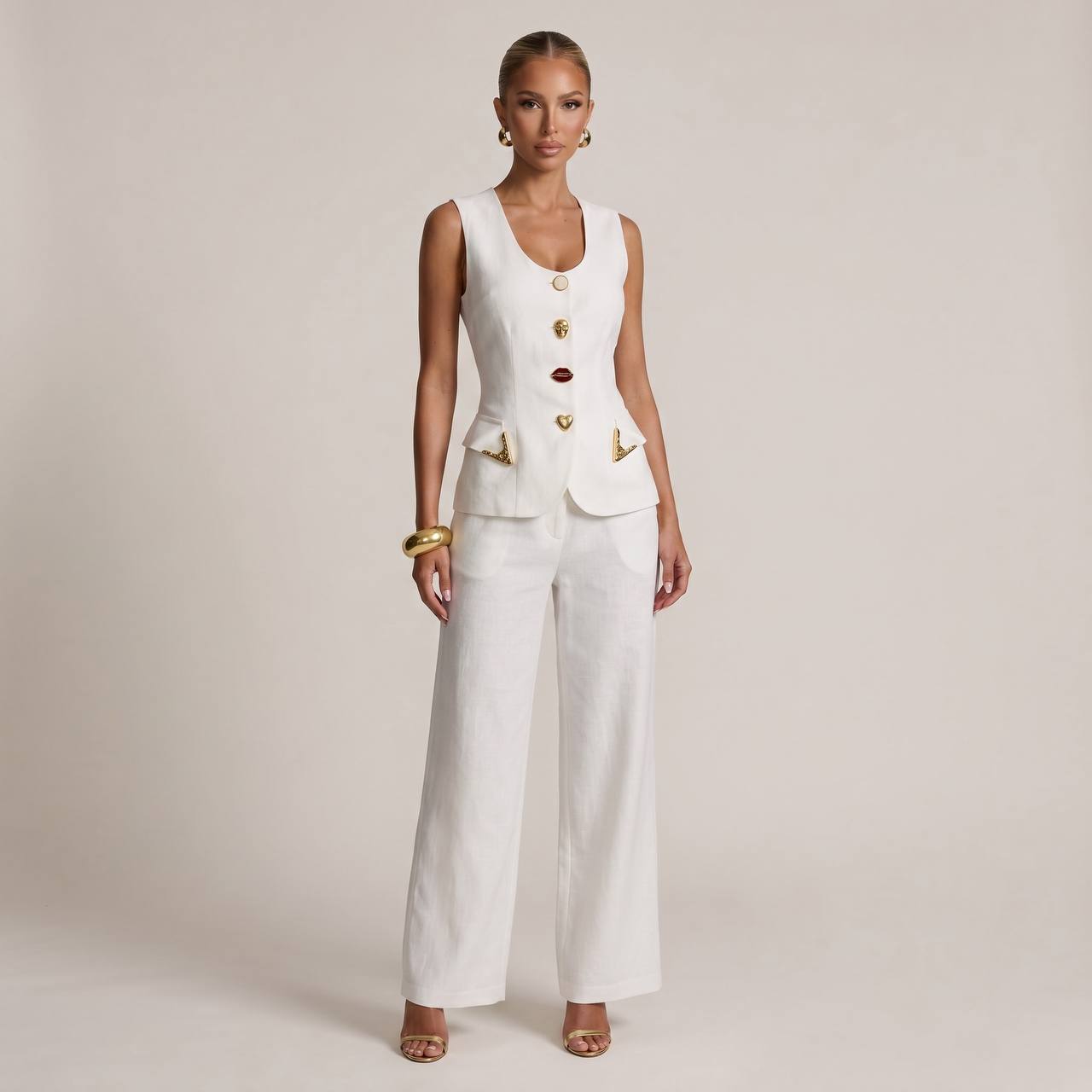 🤍✨ Schiaparelli White Tailored Vest & Wide-Leg Pants Full Set - MASTERPIECE
