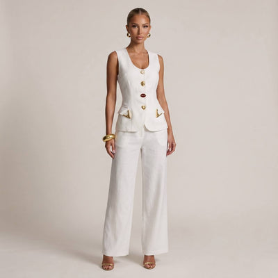🤍✨ Schiaparelli White Tailored Vest & Wide-Leg Pants Full Set - MASTERPIECE
