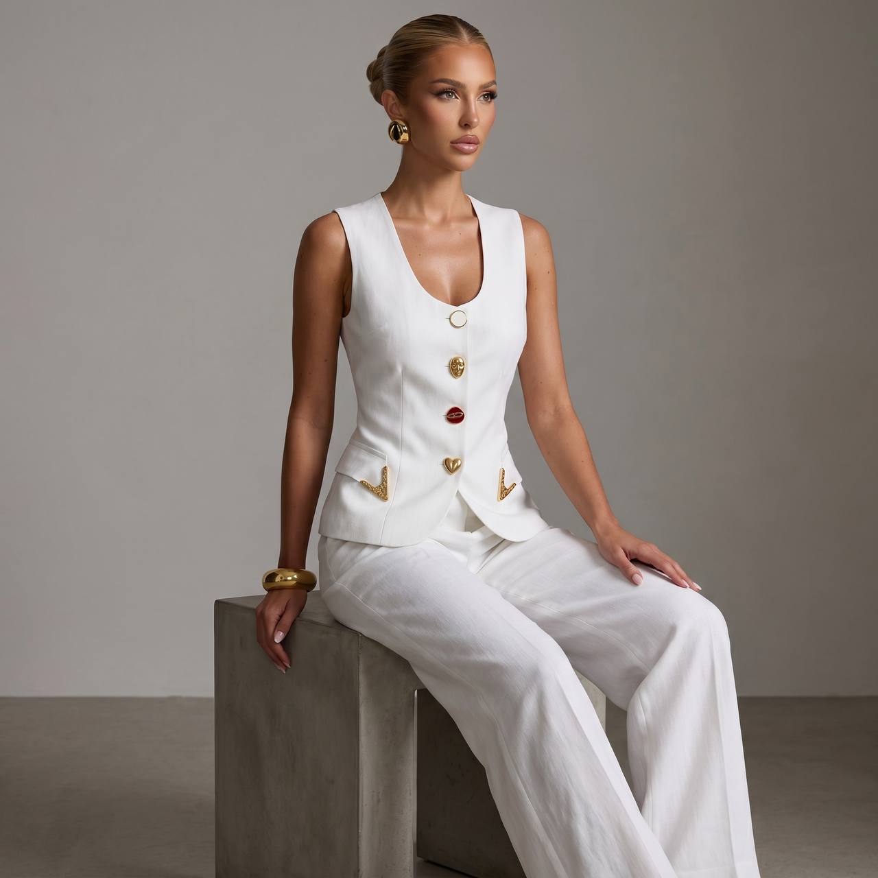 🤍✨ Schiaparelli White Tailored Vest & Wide-Leg Pants Full Set - MASTERPIECE
