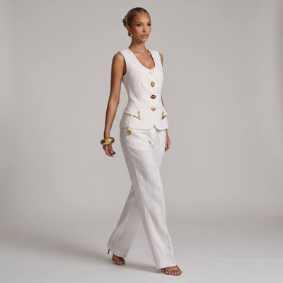 🤍✨ Schiaparelli White Tailored Vest & Wide-Leg Pants Full Set - MASTERPIECE
