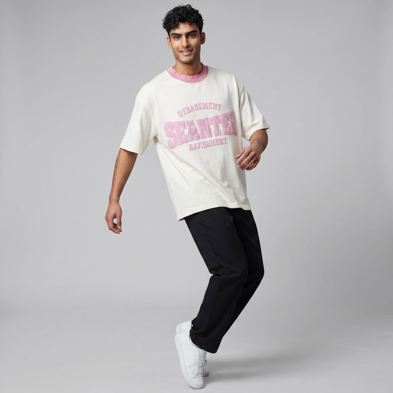 Seanter Oversized Embroidered T-Shirt – Cream & Pink Edition 🌸✨ - MASTERPIECE