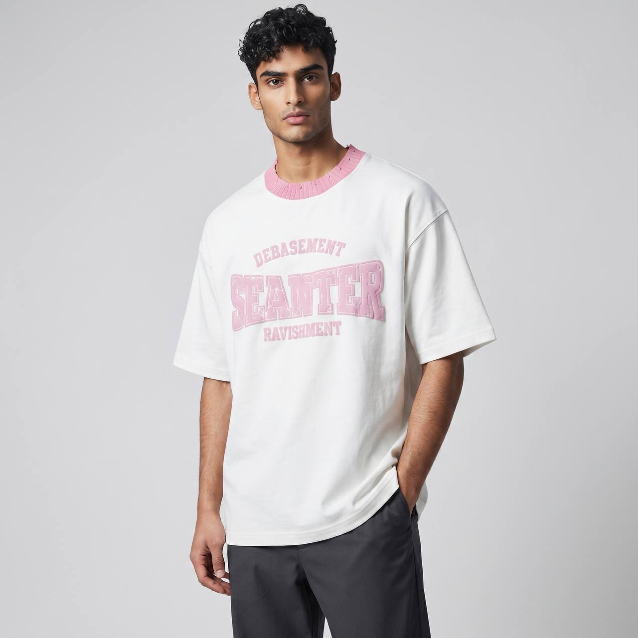 Seanter Oversized Embroidered T-Shirt – Cream & Pink Edition 🌸✨ - MASTERPIECE