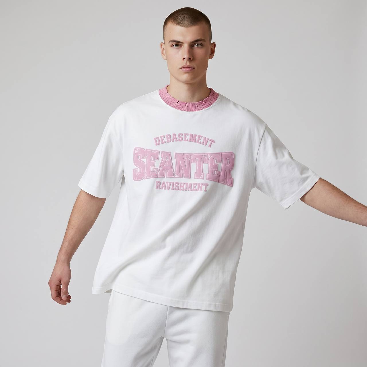Seanter Oversized Embroidered T-Shirt – Cream & Pink Edition 🌸✨ - MASTERPIECE