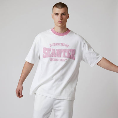 Seanter Oversized Embroidered T-Shirt – Cream & Pink Edition 🌸✨ - MASTERPIECE