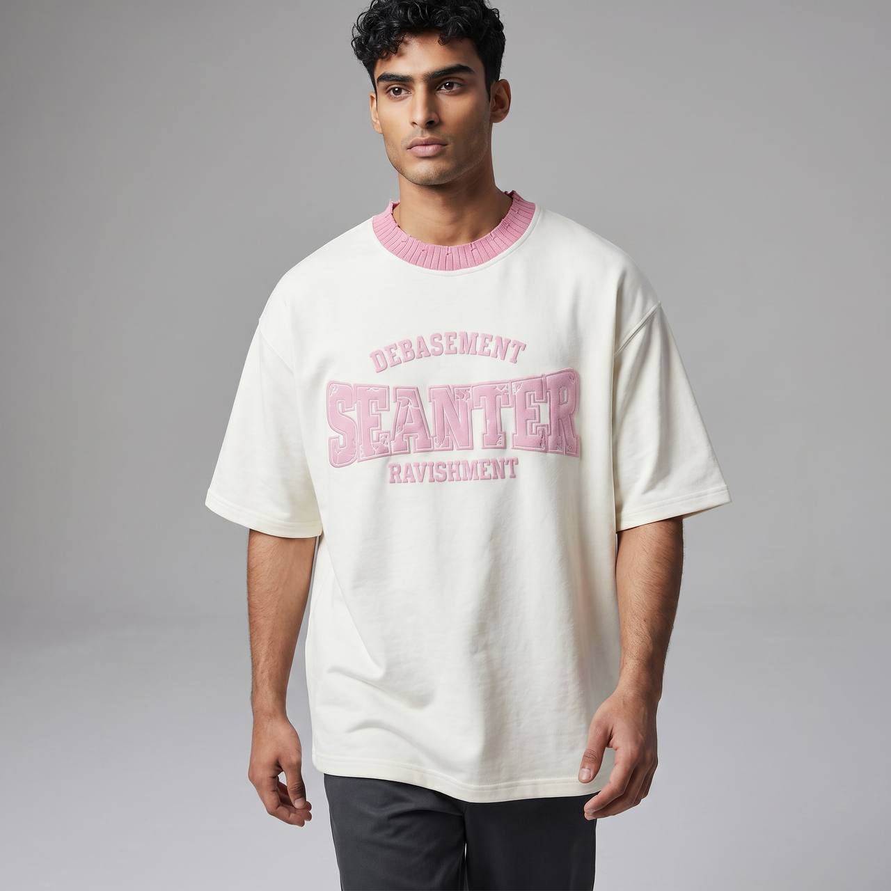 Seanter Oversized Embroidered T-Shirt – Cream & Pink Edition 🌸✨ - MASTERPIECE