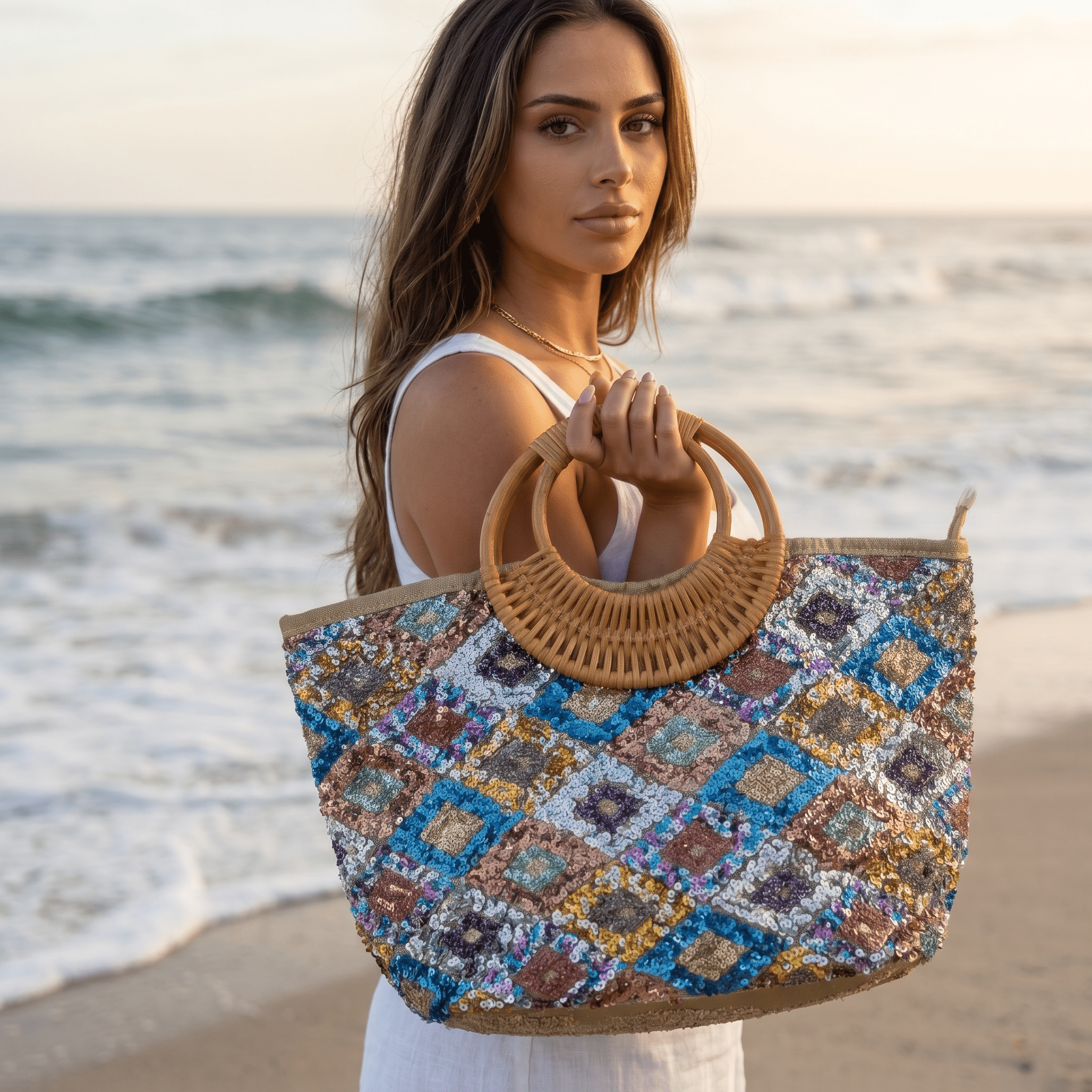 ✨ Sequin Mosaic Beach Tote Bag | Luxury Boho Summer Handbag 🌴 - MASTERPIECE