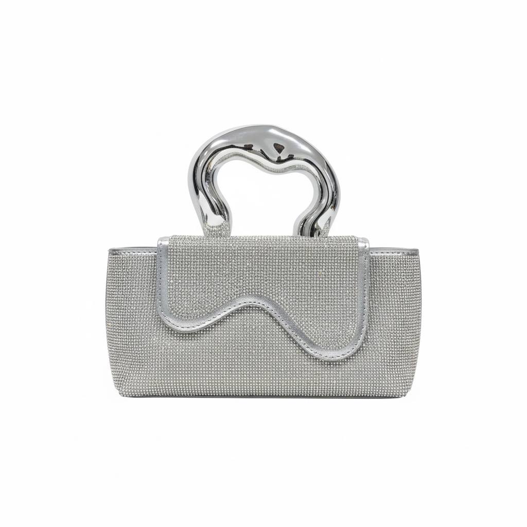 Silver Sculpted Crystal Clutch ✨🩶 | Metallic Handle Statement Evening Bag - MASTERPIECE