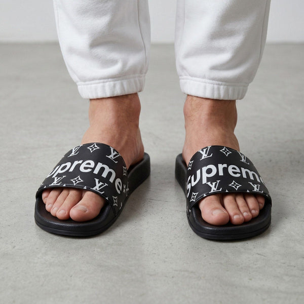 🖤✨ Supreme x Louis Vuitton Monogram Black Slide Sandals | Luxury Streetwear Slides 👣