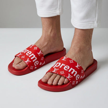 ❤️🔥 Supreme x Louis Vuitton Monogram Red Slide Sandals | Luxury Streetwear Slides 👣 - MASTERPIECE