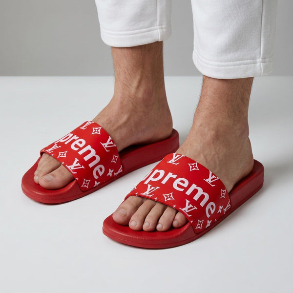 ❤️🔥 Supreme x Louis Vuitton Monogram Red Slide Sandals | Luxury Streetwear Slides 👣