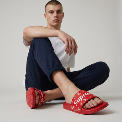 ❤️🔥 Supreme x Louis Vuitton Monogram Red Slide Sandals | Luxury Streetwear Slides 👣 - MASTERPIECE