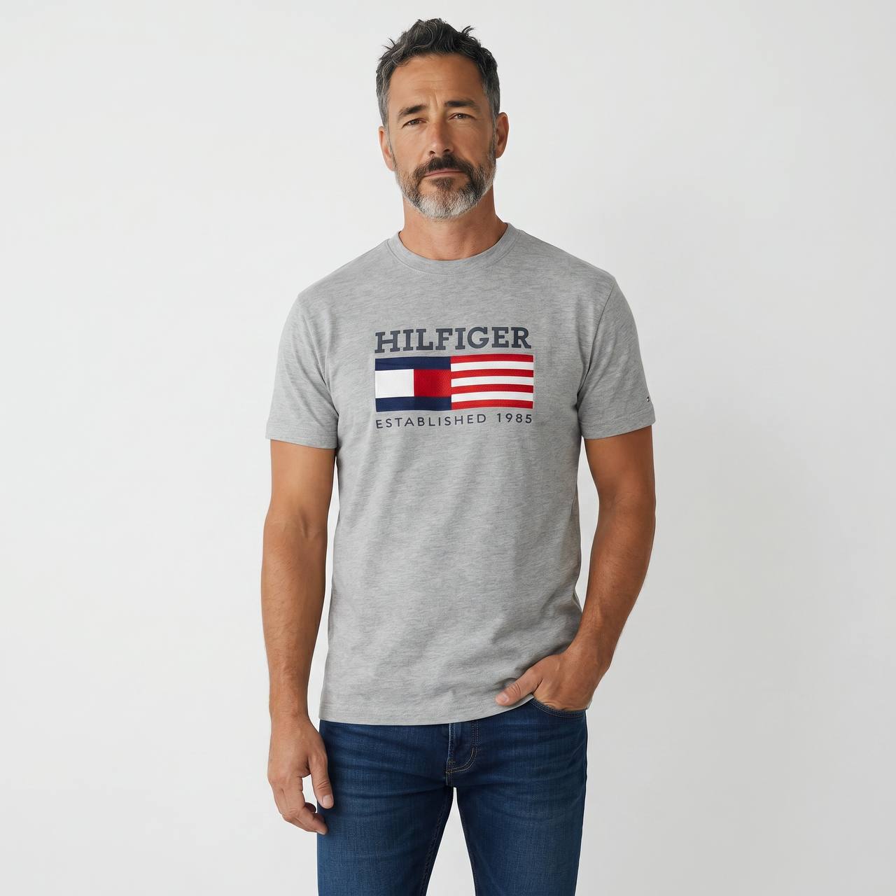 Tommy Hilfiger Heritage Flag Logo T-Shirt – Heather Grey 🇺🇸✨ - MASTERPIECE