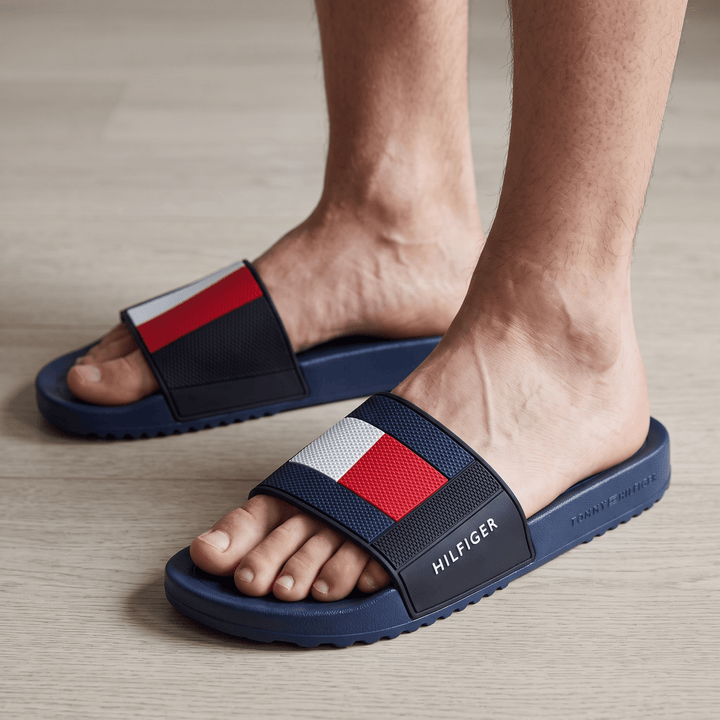 Tommy Hilfiger Navy Slides 🇺🇸 – Classic Comfort with Signature Stripes