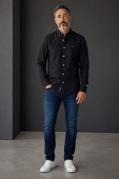 Tommy Hilfiger Premium Black Oxford Button Down Long Sleeve Shirt for Men – Luxury Minimal Smart Casual Essential 🖤✨ - MASTERPIECE