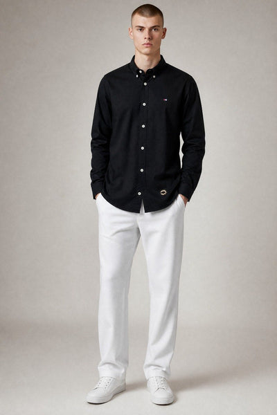 Tommy Hilfiger Premium Black Oxford Button Down Long Sleeve Shirt for Men – Luxury Minimal Smart Casual Essential 🖤✨ - MASTERPIECE
