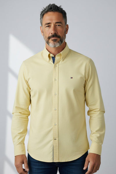 Tommy Hilfiger Premium Butter Yellow Oxford Button Down Long Sleeve Shirt for Men – Luxury Smart Casual Summer Essential 💛✨ - MASTERPIECE