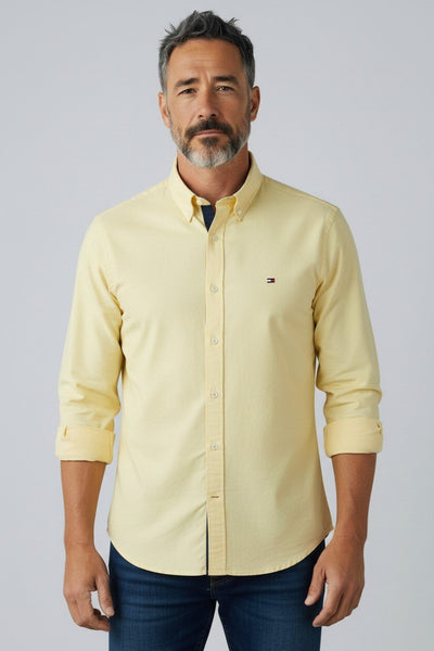 Tommy Hilfiger Premium Butter Yellow Oxford Button Down Long Sleeve Shirt for Men – Luxury Smart Casual Summer Essential 💛✨ - MASTERPIECE