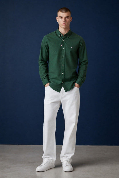 Tommy Hilfiger Premium Forest Green Oxford Button Down Long Sleeve Shirt for Men – Luxury Smart Casual Classic 🌿✨ - MASTERPIECE