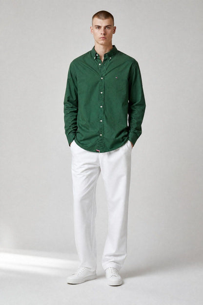Tommy Hilfiger Premium Forest Green Oxford Button Down Long Sleeve Shirt for Men – Luxury Smart Casual Classic 🌿✨ - MASTERPIECE