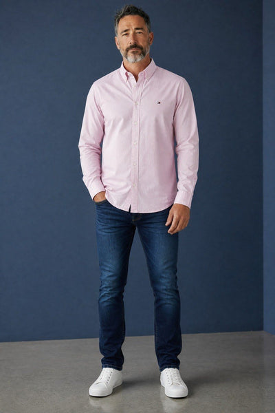 Tommy Hilfiger Premium Pastel Pink Oxford Button Down Long Sleeve Shirt for Men – Luxury Smart Casual Essential 🌸✨ - MASTERPIECE