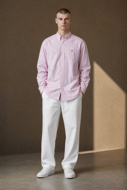 Tommy Hilfiger Premium Pastel Pink Oxford Button Down Long Sleeve Shirt for Men – Luxury Smart Casual Essential 🌸✨ - MASTERPIECE