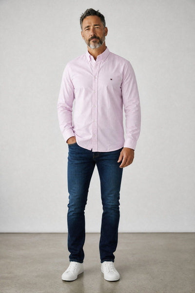 Tommy Hilfiger Premium Pastel Pink Oxford Button Down Long Sleeve Shirt for Men – Luxury Smart Casual Essential 🌸✨ - MASTERPIECE