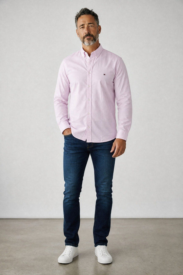 Tommy Hilfiger Premium Pastel Pink Oxford Button Down Long Sleeve Shirt for Men – Luxury Smart Casual Essential 🌸✨