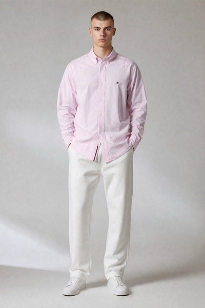 Tommy Hilfiger Premium Pastel Pink Oxford Button Down Long Sleeve Shirt for Men – Luxury Smart Casual Essential 🌸✨ - MASTERPIECE