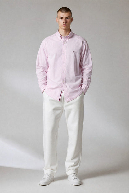 Tommy Hilfiger Premium Pastel Pink Oxford Button Down Long Sleeve Shirt for Men – Luxury Smart Casual Essential 🌸✨ - MASTERPIECE