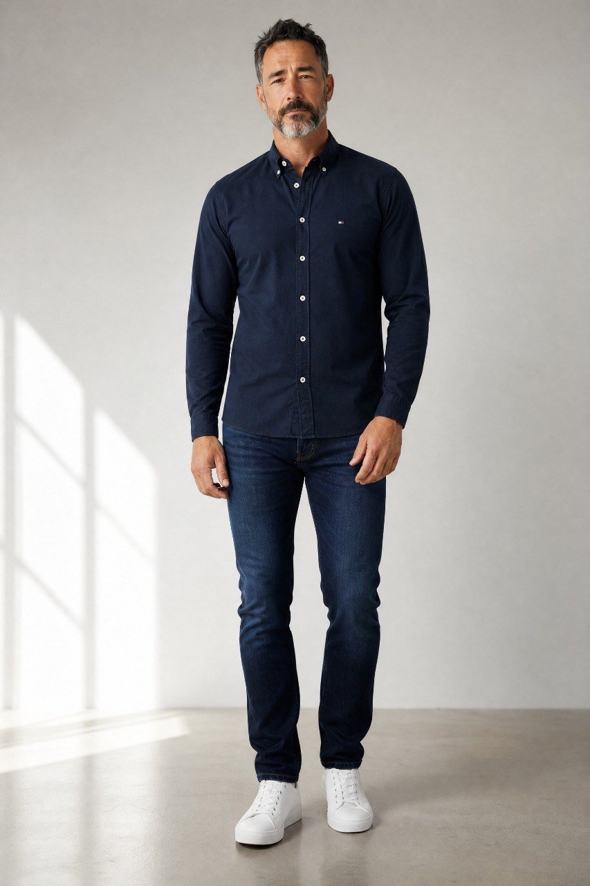 Tommy Hilfiger Premium Slim Fit Oxford Button-Down Shirt for Men – Classic Navy Smart Casual Long Sleeve Shirt 💙✨ - MASTERPIECE