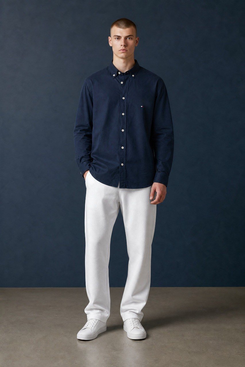 Tommy Hilfiger Premium Slim Fit Oxford Button-Down Shirt for Men – Classic Navy Smart Casual Long Sleeve Shirt 💙✨ - MASTERPIECE