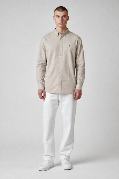 Tommy Hilfiger Premium Stone Beige Oxford Button Down Long Sleeve Shirt for Men – Luxury Minimal Smart Casual Essential 🤎✨ - MASTERPIECE