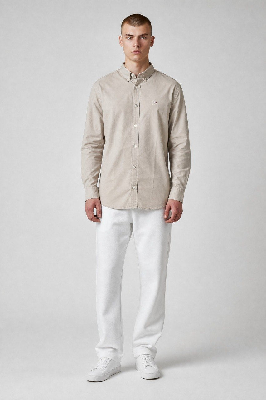 Tommy Hilfiger Premium Stone Beige Oxford Button Down Long Sleeve Shirt for Men – Luxury Minimal Smart Casual Essential 🤎✨ - MASTERPIECE