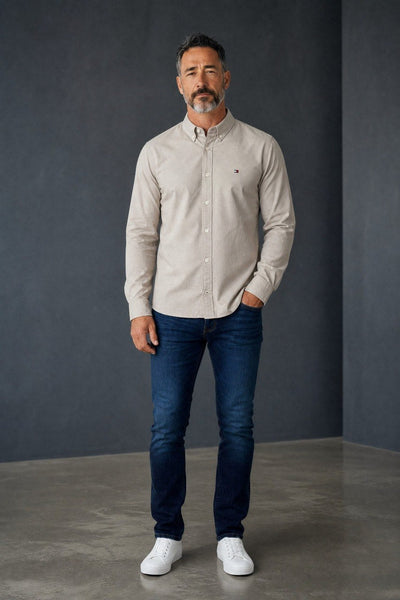 Tommy Hilfiger Premium Stone Beige Oxford Button Down Long Sleeve Shirt for Men – Luxury Minimal Smart Casual Essential 🤎✨ - MASTERPIECE