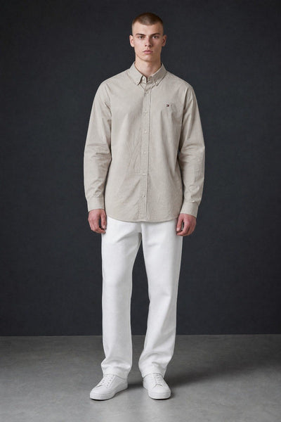 Tommy Hilfiger Premium Stone Beige Oxford Button Down Long Sleeve Shirt for Men – Luxury Minimal Smart Casual Essential 🤎✨ - MASTERPIECE