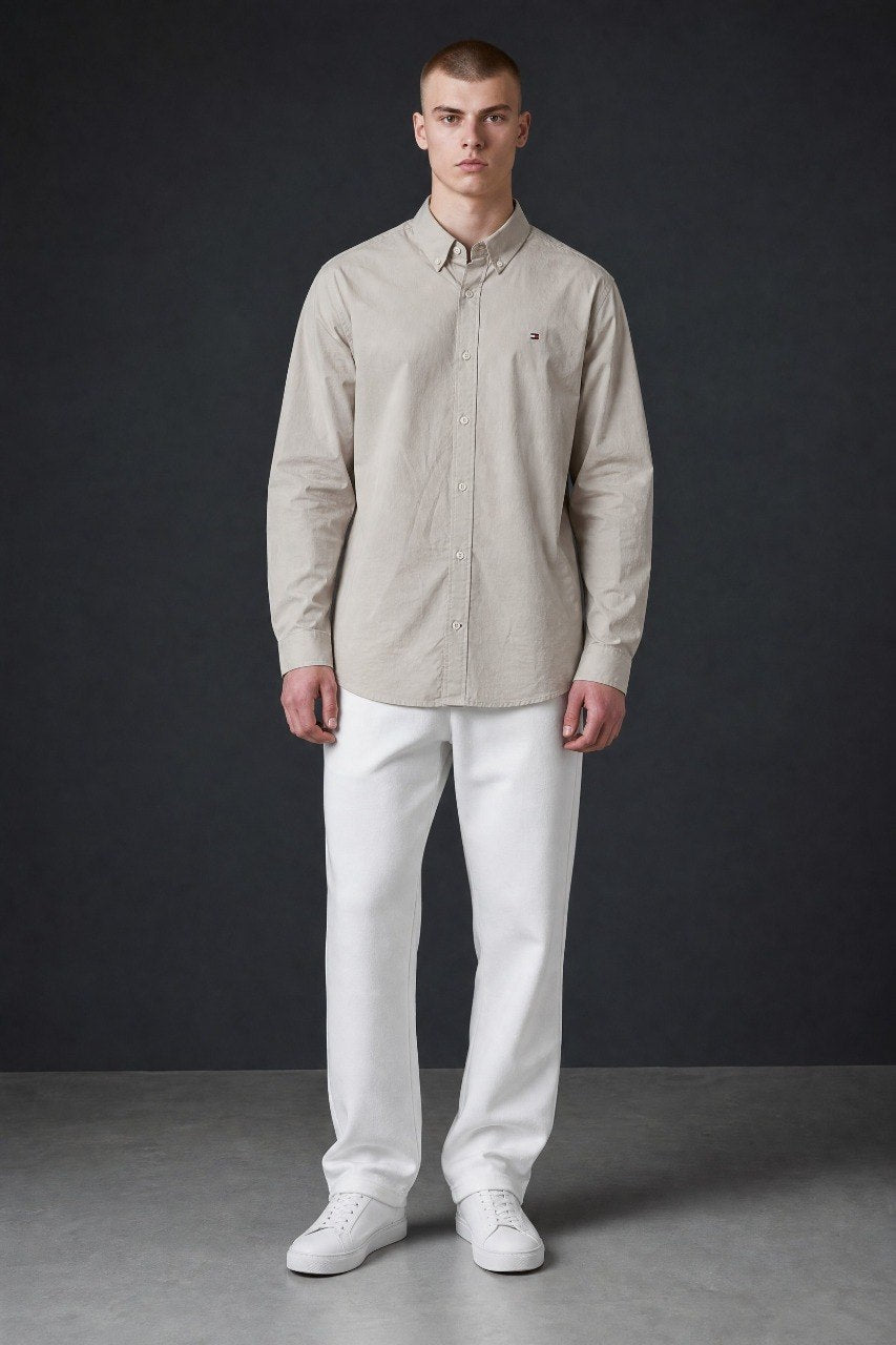 Tommy Hilfiger Premium Stone Beige Oxford Button Down Long Sleeve Shirt for Men – Luxury Minimal Smart Casual Essential 🤎✨ - MASTERPIECE