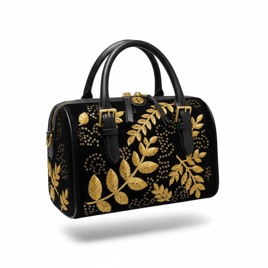 Tory Burch Embroidered Top-Handle Bag with Gold Leaf Motif — Black - MASTERPIECE