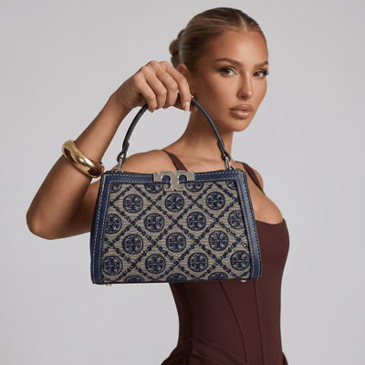 Tory Burch Monogram Mini Top Handle Bag – Navy & Beige Canvas Luxury 👜✨ - MASTERPIECE