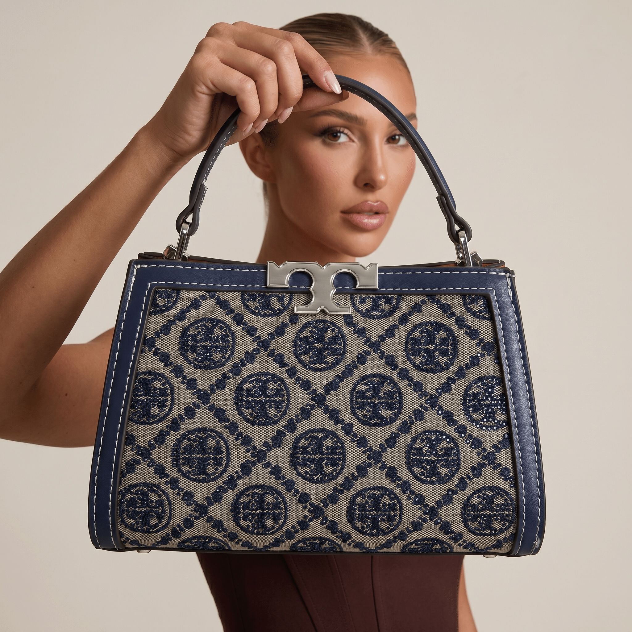 Tory Burch Monogram Mini Top Handle Bag – Navy & Beige Canvas Luxury 👜✨ - MASTERPIECE