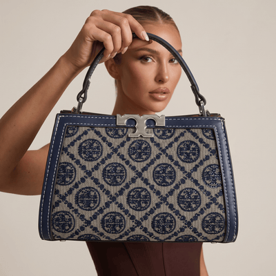 Tory Burch Monogram Mini Top Handle Bag – Navy & Beige Canvas Luxury 👜✨ - MASTERPIECE