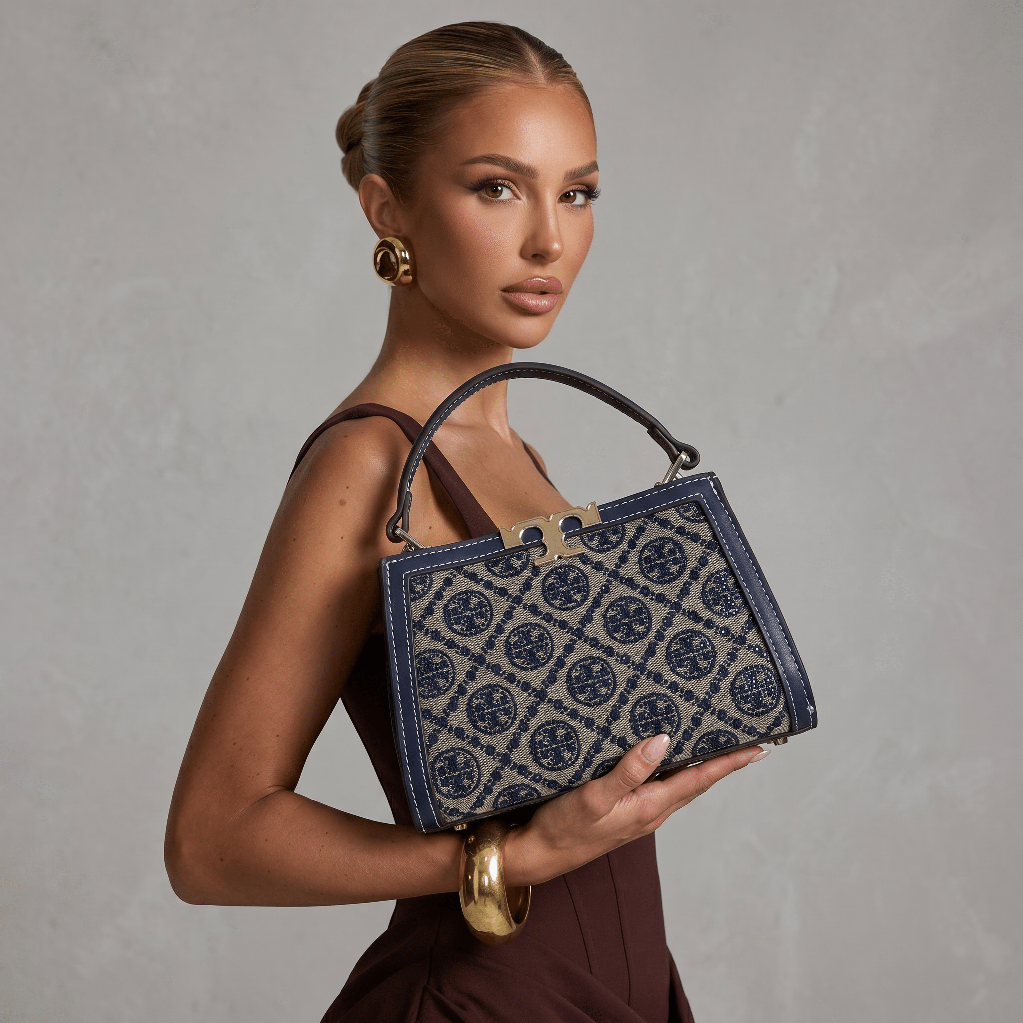 Tory Burch Monogram Mini Top Handle Bag – Navy & Beige Canvas Luxury 👜✨ - MASTERPIECE
