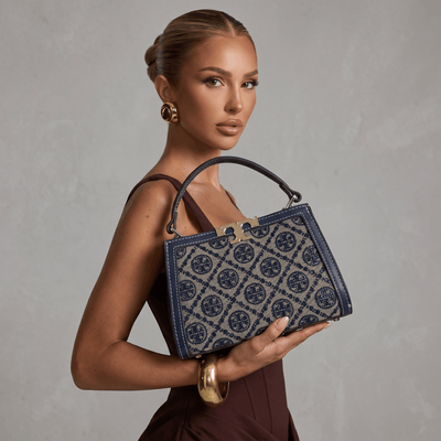 Tory Burch Monogram Mini Top Handle Bag – Navy & Beige Canvas Luxury 👜✨ - MASTERPIECE