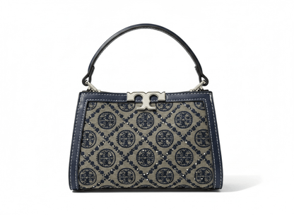Tory Burch Monogram Mini Top Handle Bag – Navy & Beige Canvas Luxury 👜✨ - MASTERPIECE