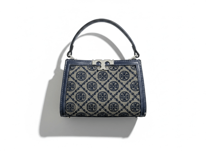 Tory Burch Monogram Mini Top Handle Bag – Navy & Beige Canvas Luxury 👜✨ - MASTERPIECE